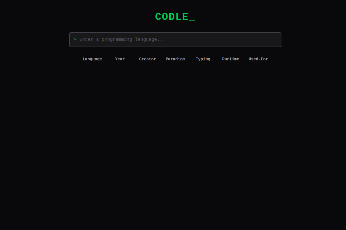 Captura de Codle — Un Wordle para programadores: adivina el lenguaje de programación con pistas.