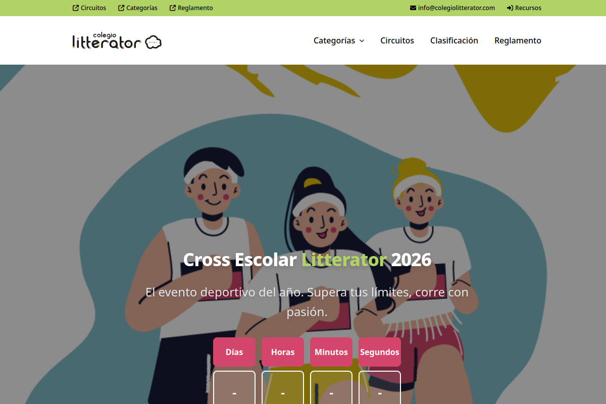 Captura de Cross Litterator 2026 — La app completa para organizar el cross escolar: inscripciones, dorsales y resultados en directo.
